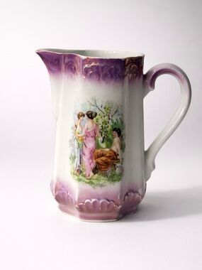 Antique German transferware pitcher with intricate Victorian women design.